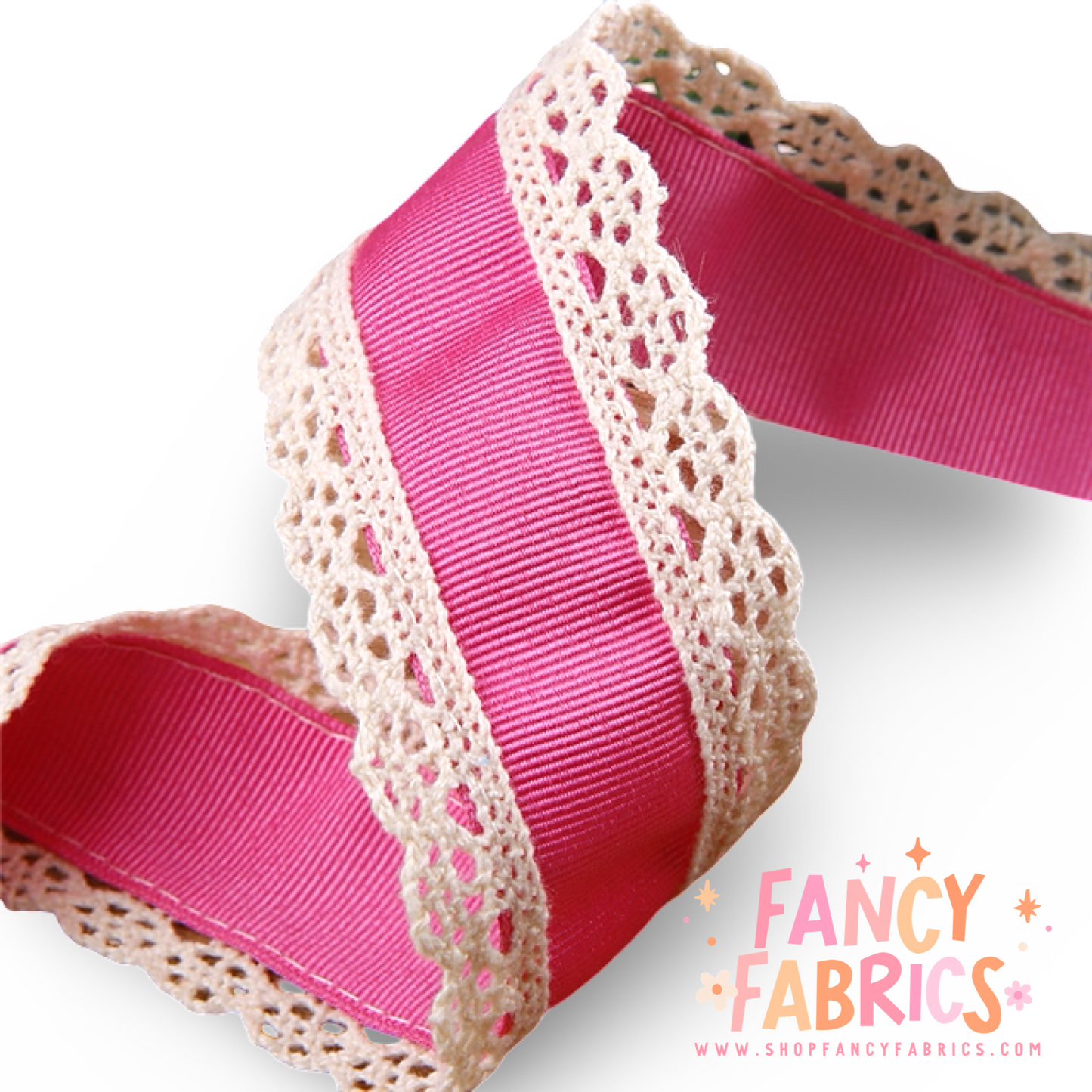 Bright Pink | 1.5" Single Sided | Lace Grosgrain Ribbon | Ready To Ship