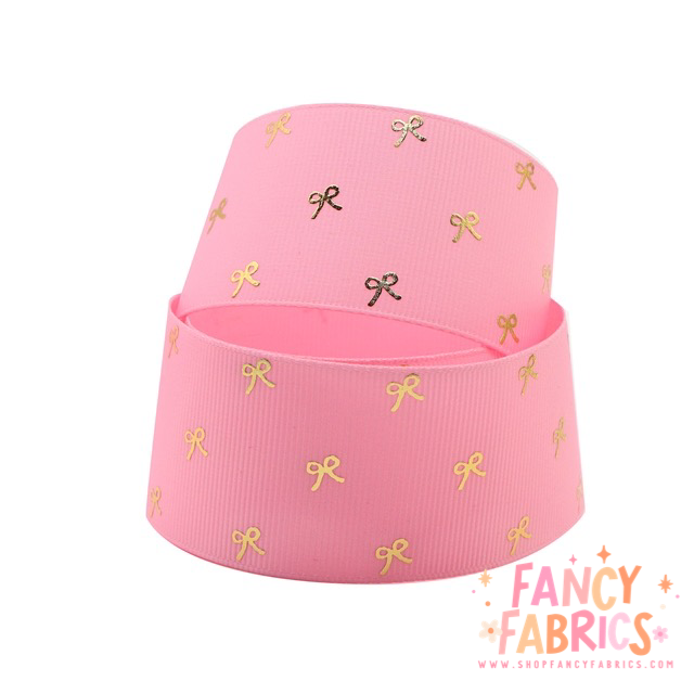 Pink (Gold Bows) | 1.5" Single Sided | Grosgrain Ribbon | Ready To Ship