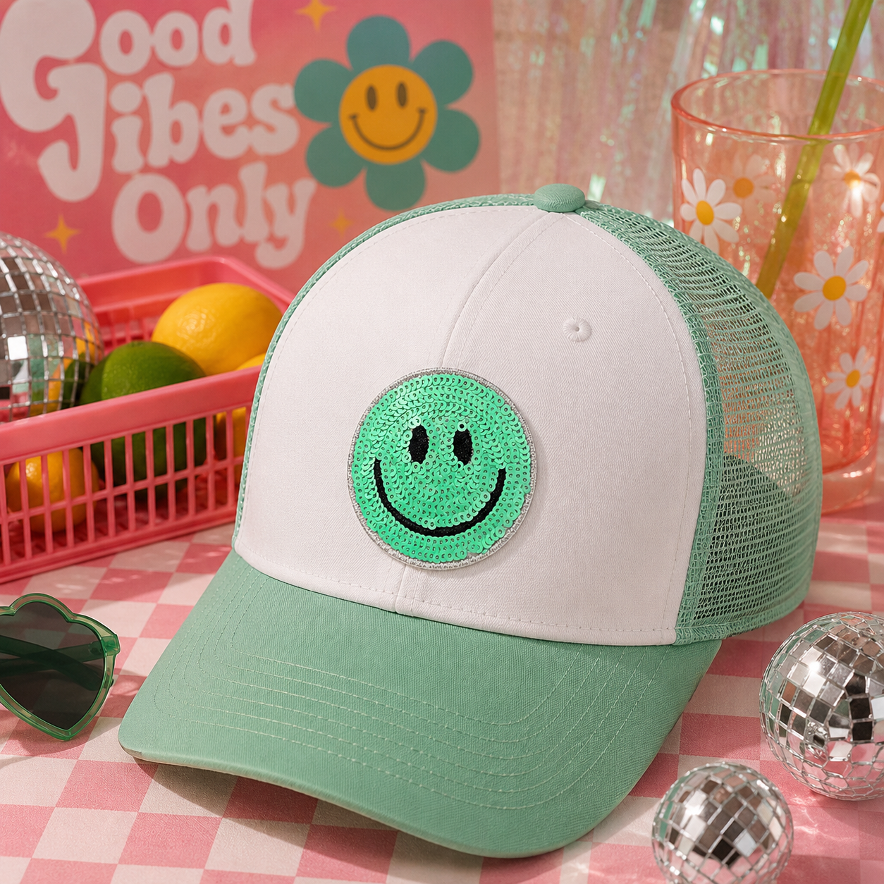 Mint | Sequin Smiley | Iron On Patch
