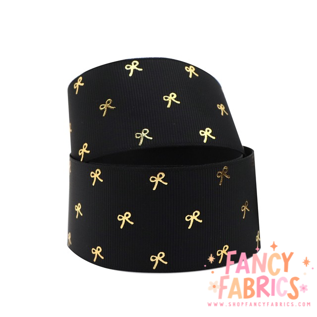 Black (Gold Bows) | 1.5" Single Sided | Grosgrain Ribbon | Ready To Ship
