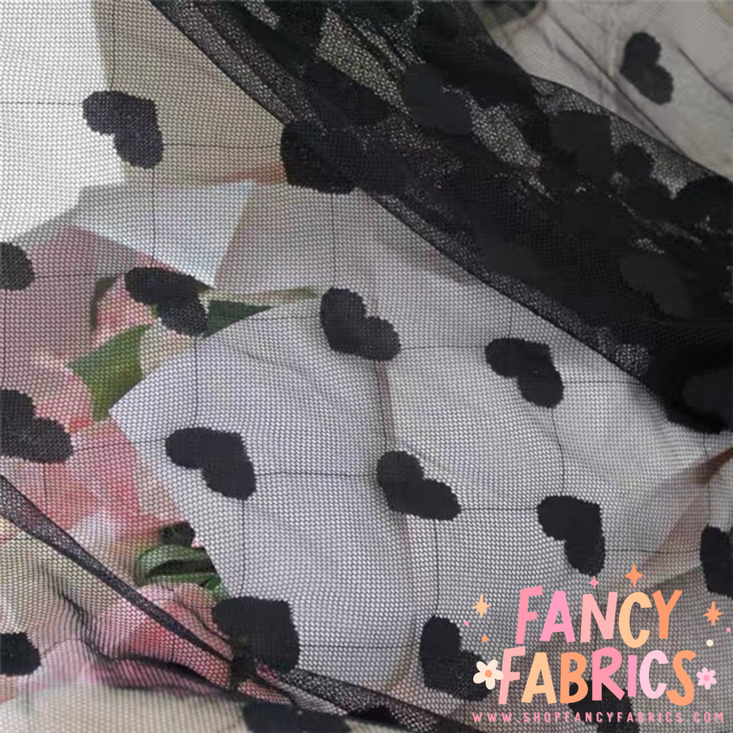Pattern Hearts (Black) | Stretch Mesh | Ready To Ship