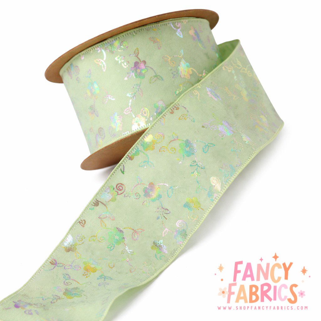 Green | 1.5" | Holo Flowers Ribbon | Ready To Ship