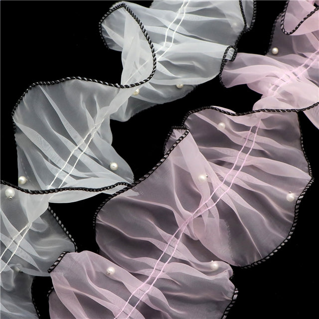 White (Black Edge) | Pearl Ruffle Trim | Ready To Ship