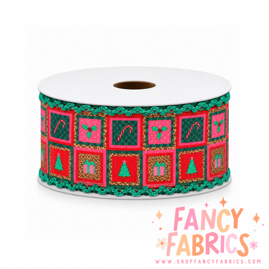 Christmas Squares | 2" Single Sided | Moonstitch Printed Ribbon | Ready To Ship
