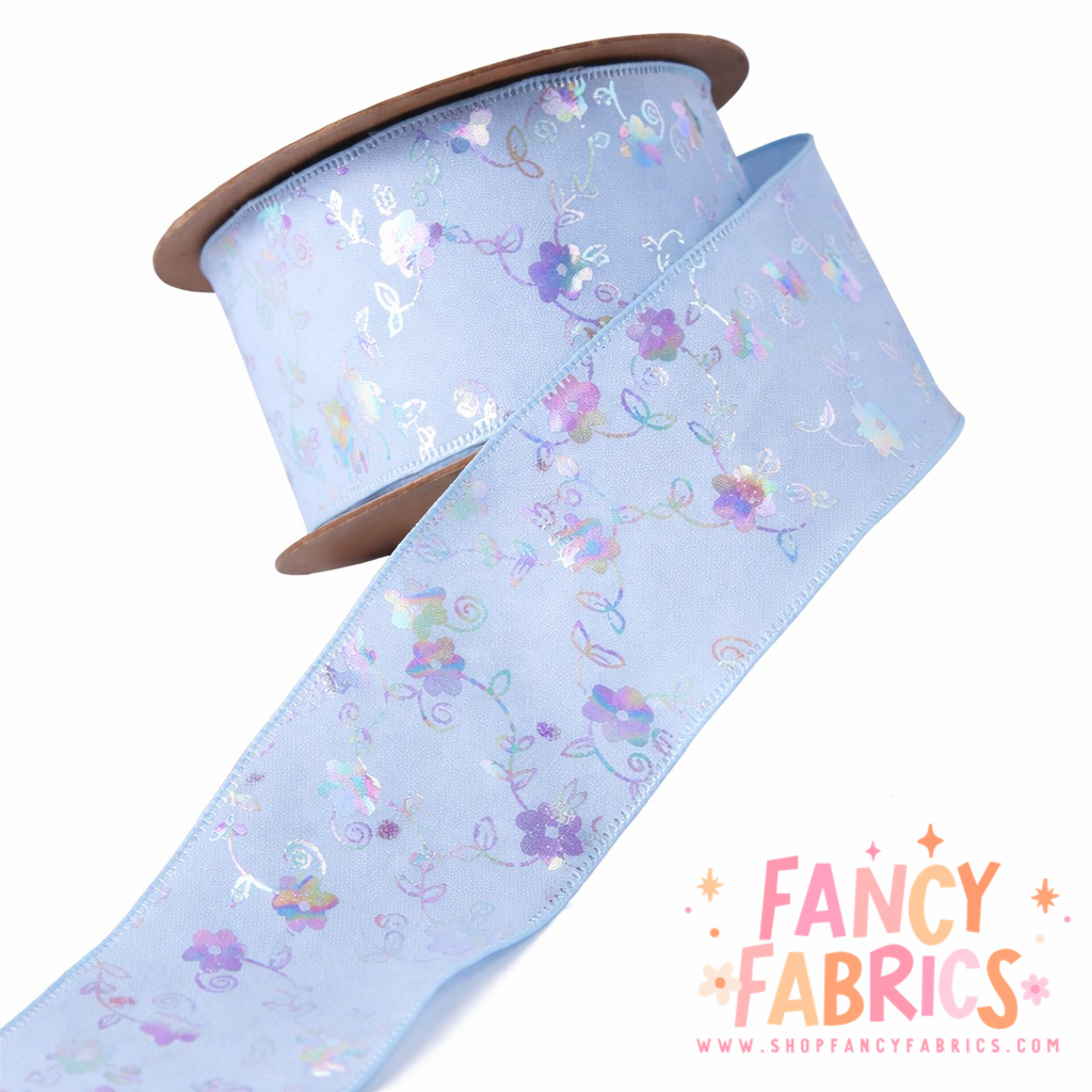 Blue | 1.5" | Holo Flowers Ribbon | Ready To Ship