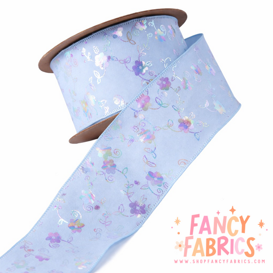Blue | 1.5" | Holo Flowers Ribbon | Ready To Ship