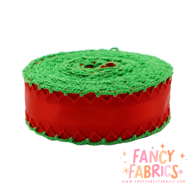 Red (Green Trim) | 1" Single Sided | Satin Grosgrain Ribbon | Ready To Ship