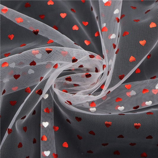 White + Red | Tiny Foil Hearts | Mesh