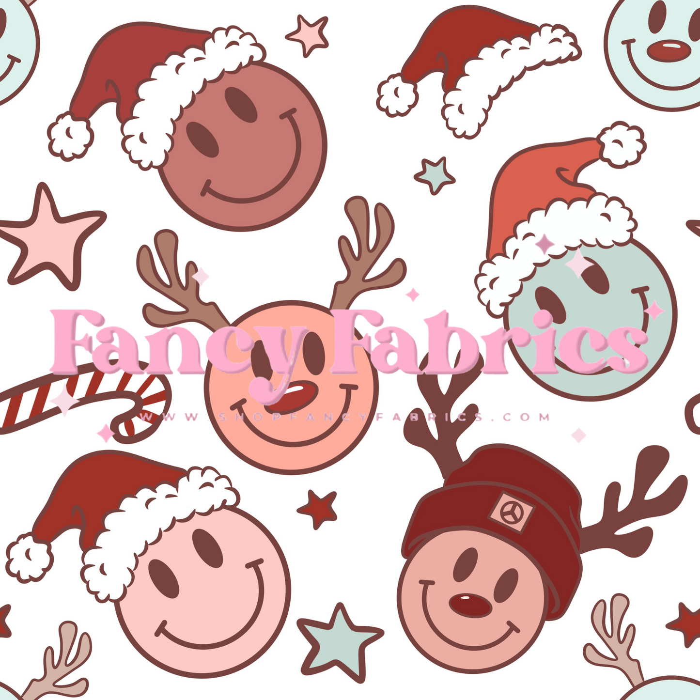 Smiley Christmas Faces (White) | PREORDER | By The Yard