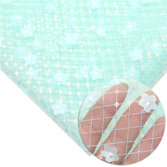 Tiffany Blue | 3D Plaid Floral Sequin Mesh | Ready To Ship