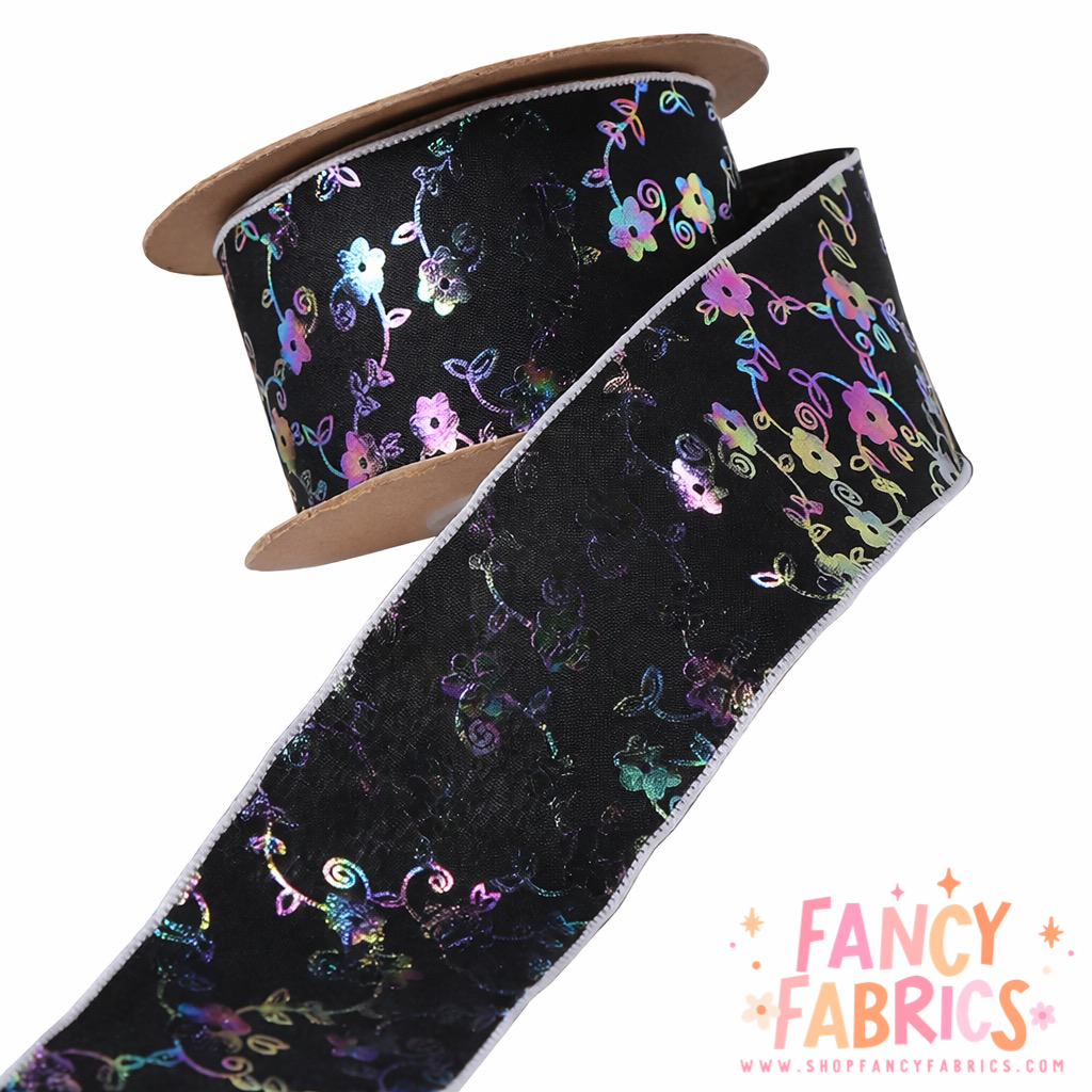 Black | 1.5" | Holo Flowers Ribbon | Ready To Ship