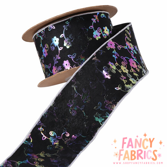Black | 1.5" | Holo Flowers Ribbon | Ready To Ship