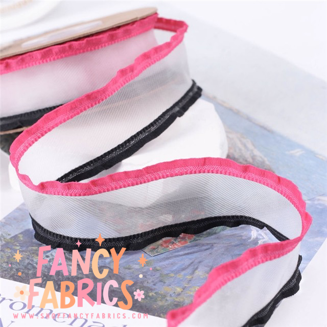 Pink + Black | 1.5" Width | Ruffle Mesh Ribbon | Ready To Ship