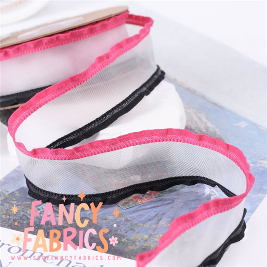 Pink + Black | 1.5" Width | Ruffle Mesh Ribbon | Ready To Ship