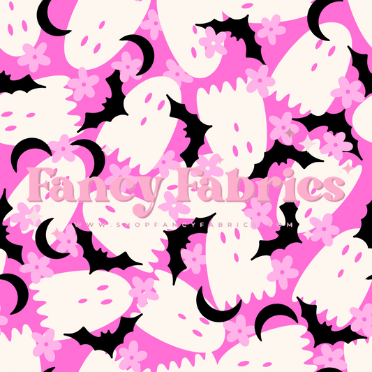 Ghosts Flowers & Bats (Pink) | PREORDER | By The Yard