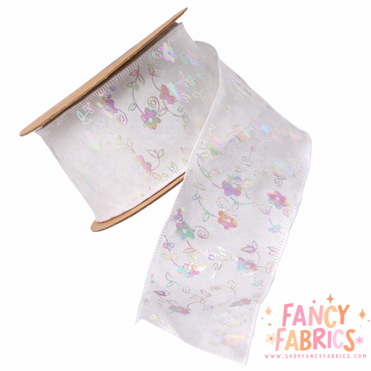 White | 1.5" | Holo Flowers Ribbon | Ready To Ship