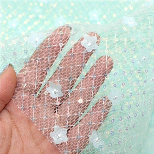 Tiffany Blue | 3D Plaid Floral Sequin Mesh | Ready To Ship