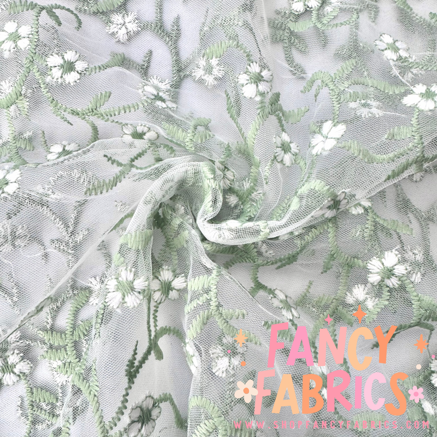 Seafoam Daisies | Embroidered Mesh | Ready To Ship