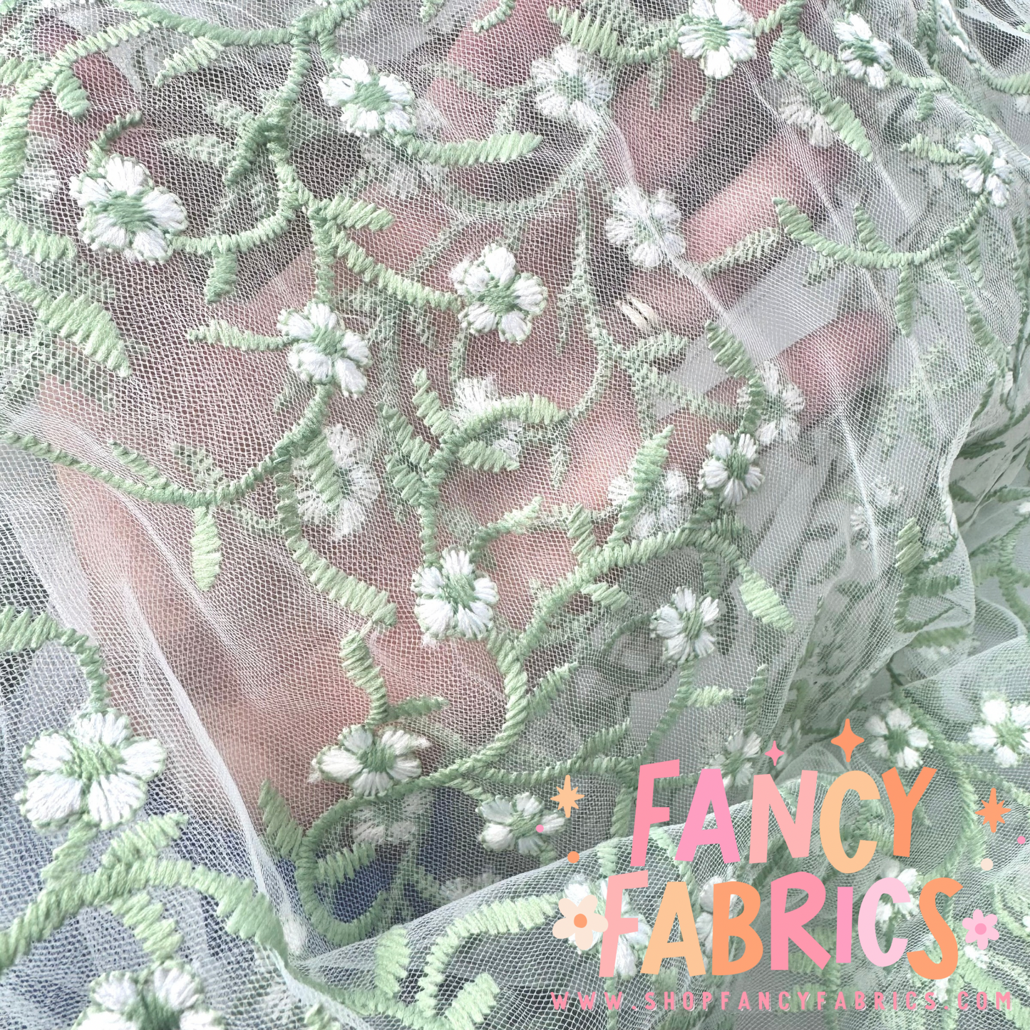 Seafoam Daisies | Embroidered Mesh | Ready To Ship