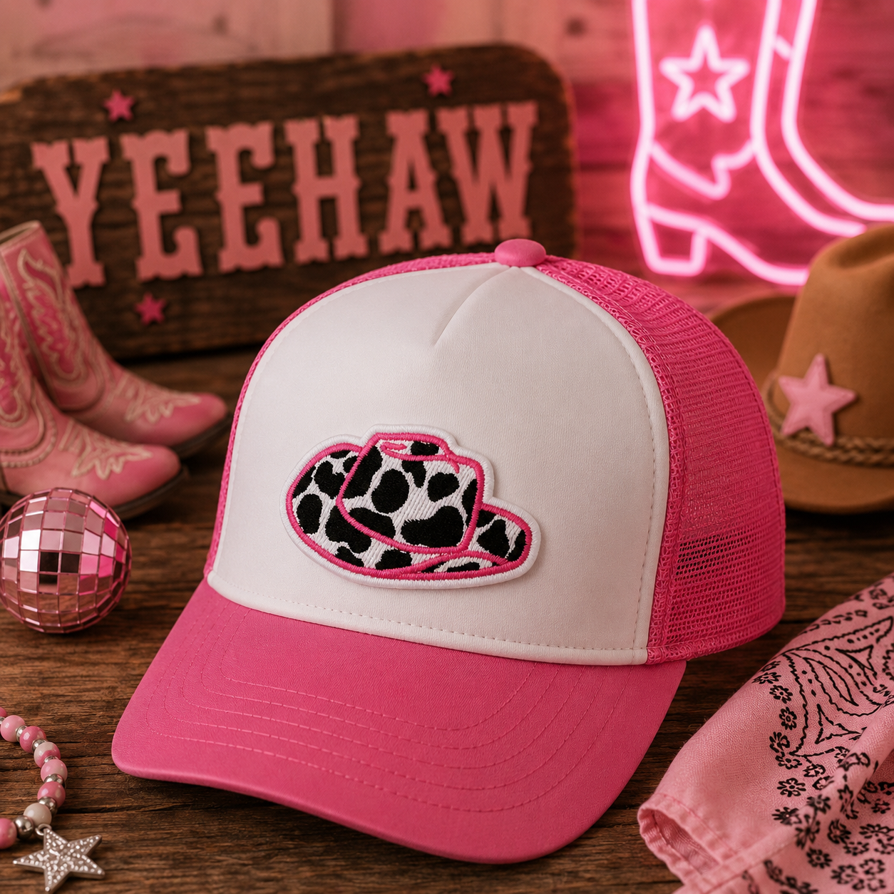 Cow Print Hat (Black+Pink) | Iron On Patch