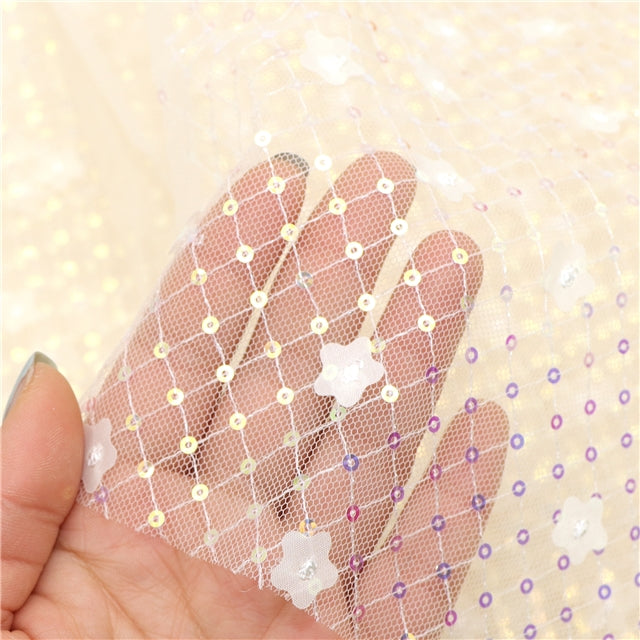 Ivory | 3D Plaid Floral Sequin Mesh | Ready To Ship
