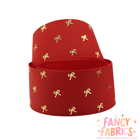 Red (Gold Bows) | 1.5" Single Sided | Grosgrain Ribbon | Ready To Ship