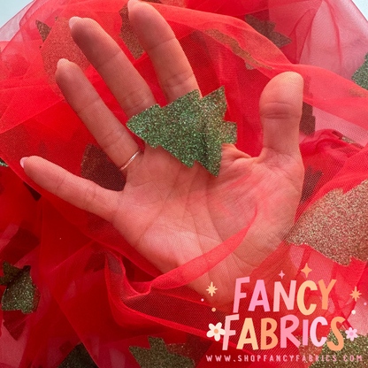 Glitter Trees (Red) | Stretch Mesh | Ready To Ship