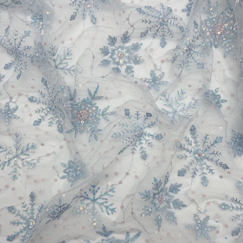 Blue Sequin Snowflake Mesh Fabric