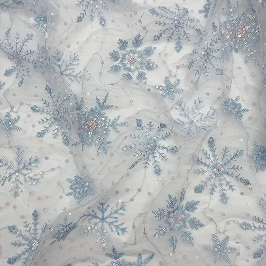 Blue Sequin Snowflake Mesh Fabric