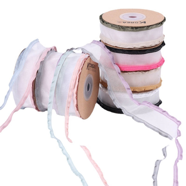 Pink + Black | 1.5" Width | Ruffle Mesh Ribbon | Ready To Ship