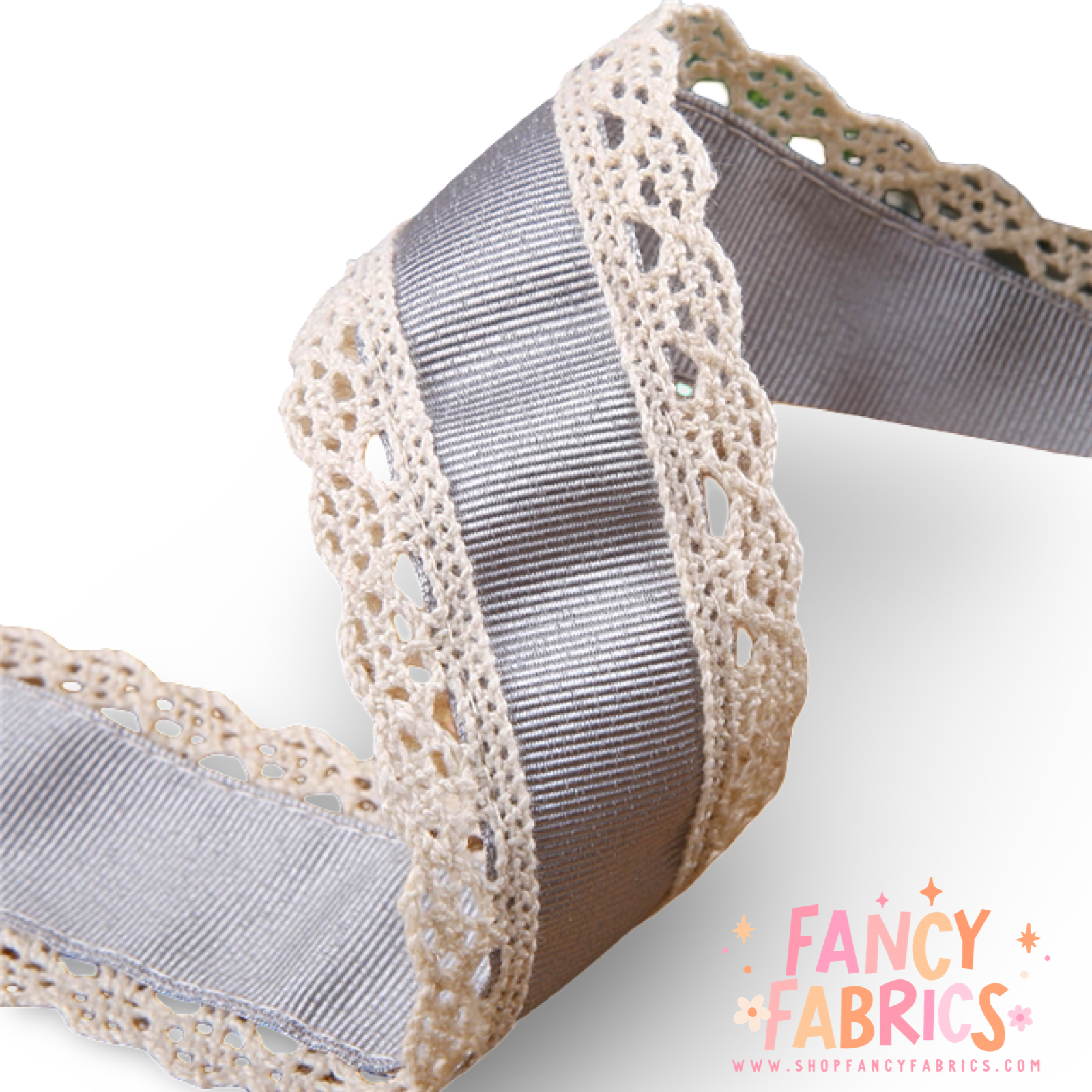 Gray | 1.5" Single Sided | Lace Grosgrain Ribbon | Ready To Ship