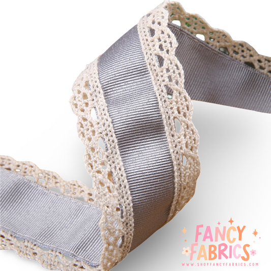 Gray | 1.5" Single Sided | Lace Grosgrain Ribbon | Ready To Ship