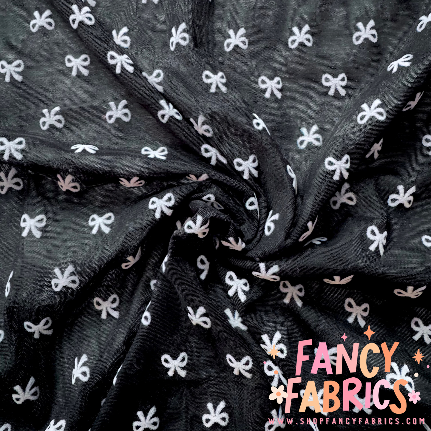 Flocked Bows (Black + White/Baby Pink Bows) | Stretch Mesh | Ready To Ship