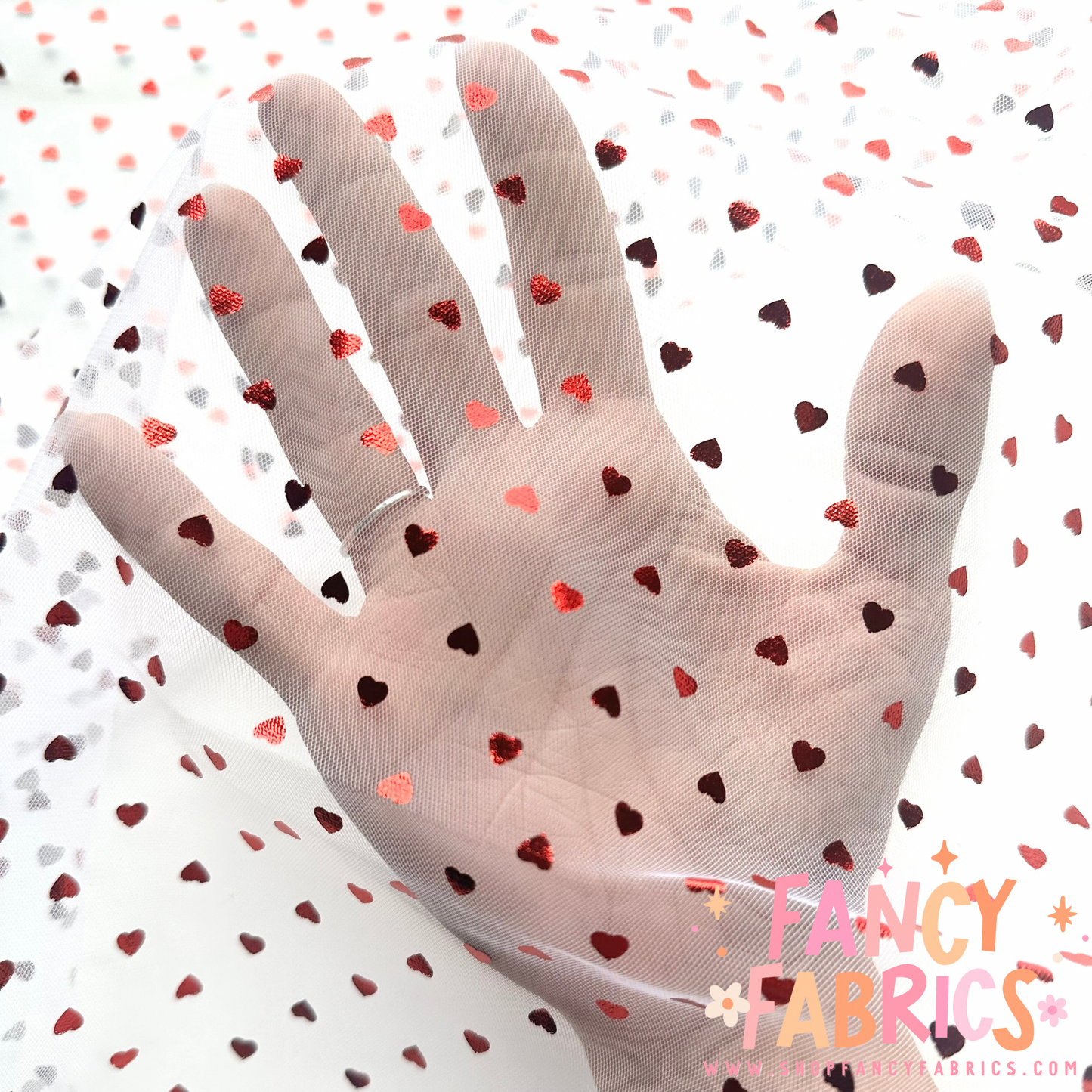 White + Red | Tiny Foil Hearts | Mesh