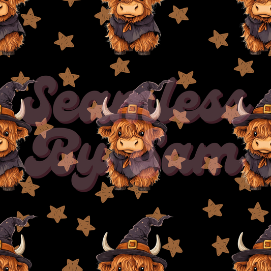 Witchy Highland Cows (Black) | Seamless File | Digital Download