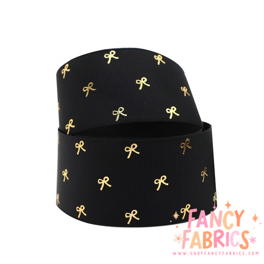 Black (Gold Bows) | 1.5" Single Sided | Grosgrain Ribbon | Ready To Ship