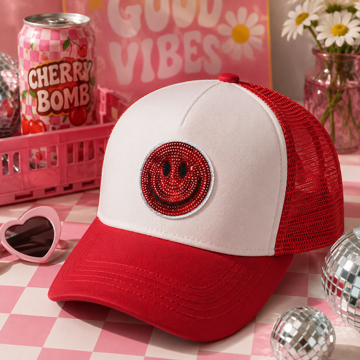 Red | Sequin Smiley | Iron On Patch