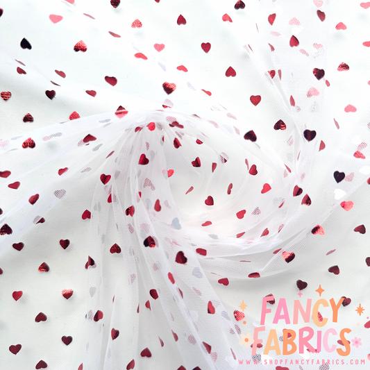 White + Red | Tiny Foil Hearts | Mesh