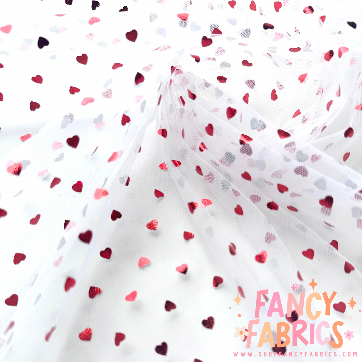 White + Red | Tiny Foil Hearts | Mesh