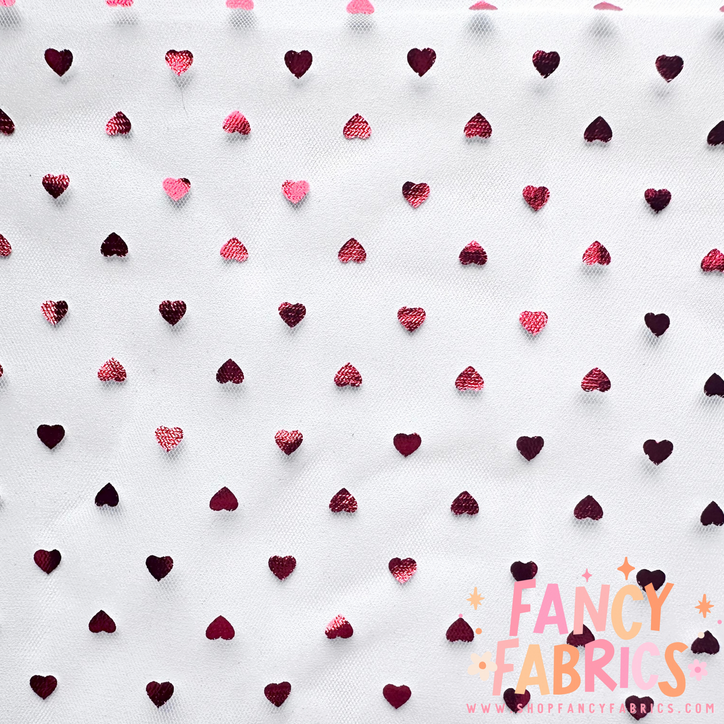 White + Red | Tiny Foil Hearts | Mesh