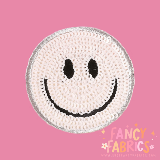 White | Sequin Smiley | Iron On Patch