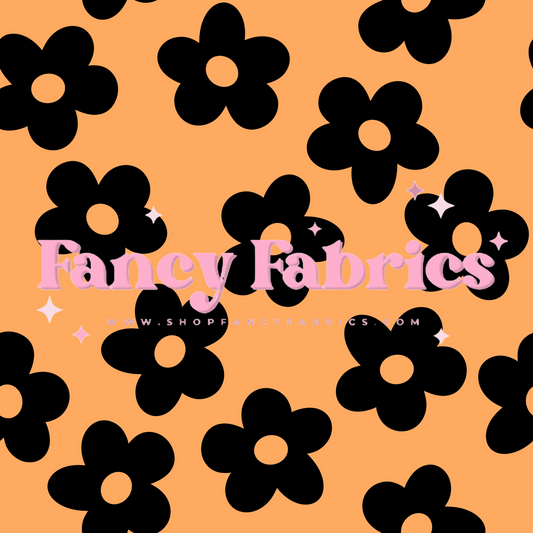Black Simple Flowers (Orange) | PREORDER | By The Yard