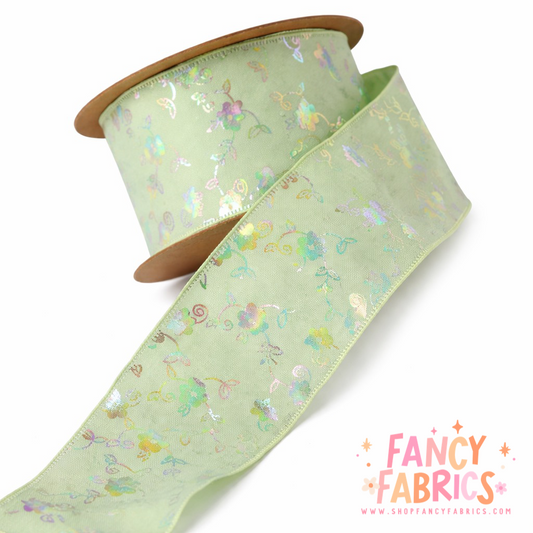 Green | 1.5" | Holo Flowers Ribbon | Ready To Ship