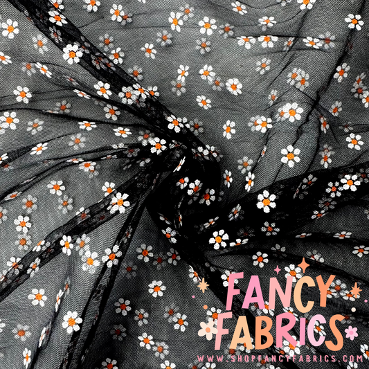 Black tiny daisy mesh ready to ship fabric