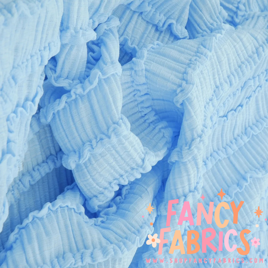 Blue crinkle knit ready to ship fabric
