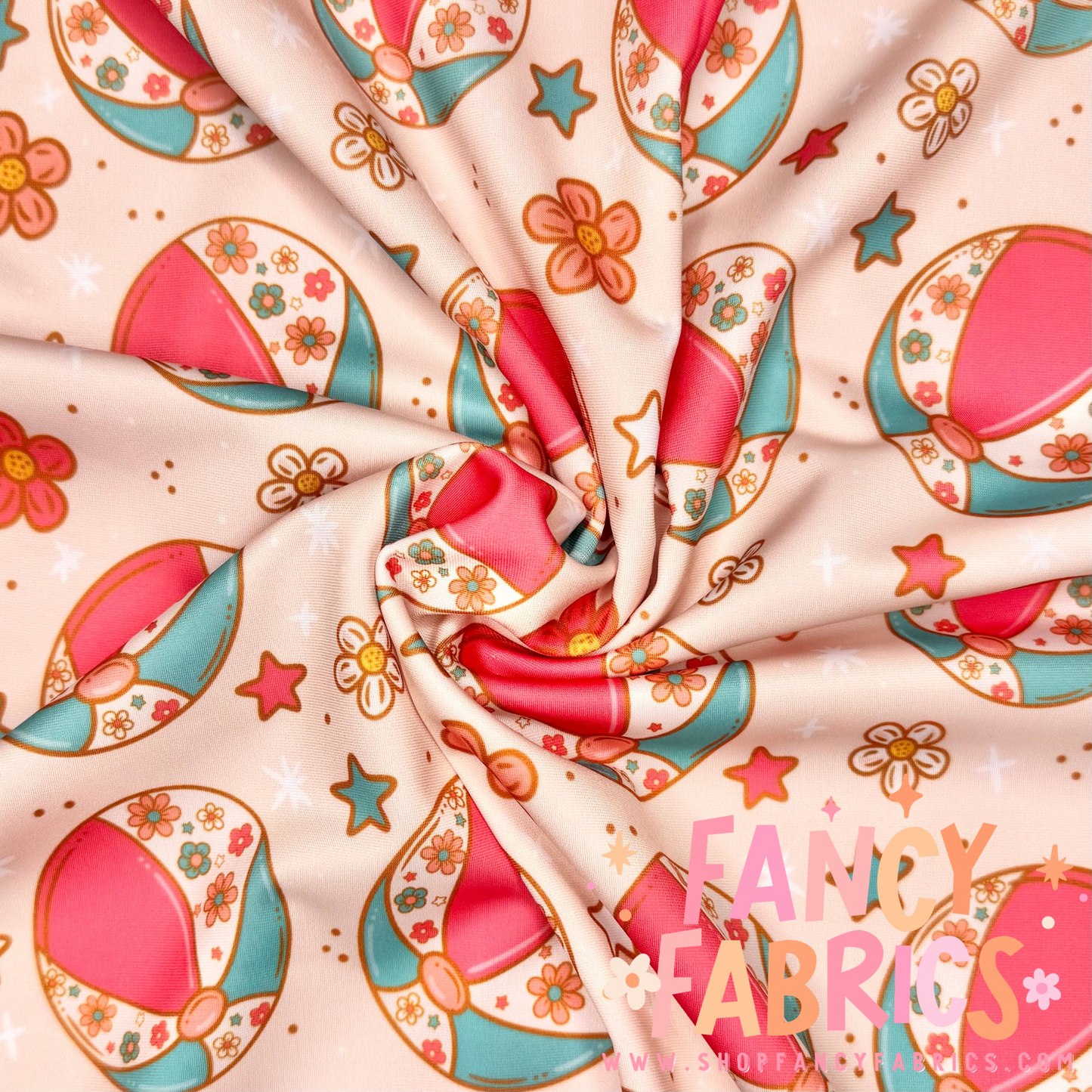 Boho Beach Balls swim fabric ready to ship