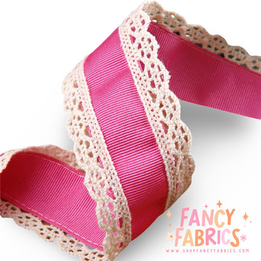 Bright Pink | 1.5" Single Sided | Lace Grosgrain Ribbon | Ready To Ship
