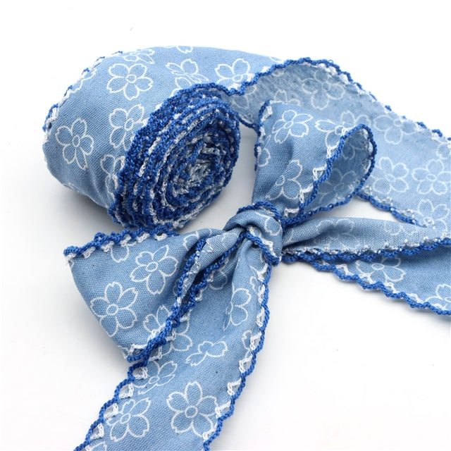 Denim Floral Ribbon | 1.5" Double Hook Ribbon | Ready To Ship