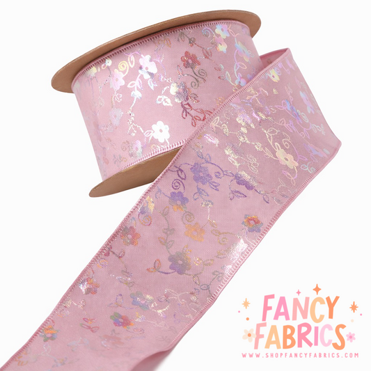 Pink | 1.5" | Holo Flowers Ribbon | Ready To Ship