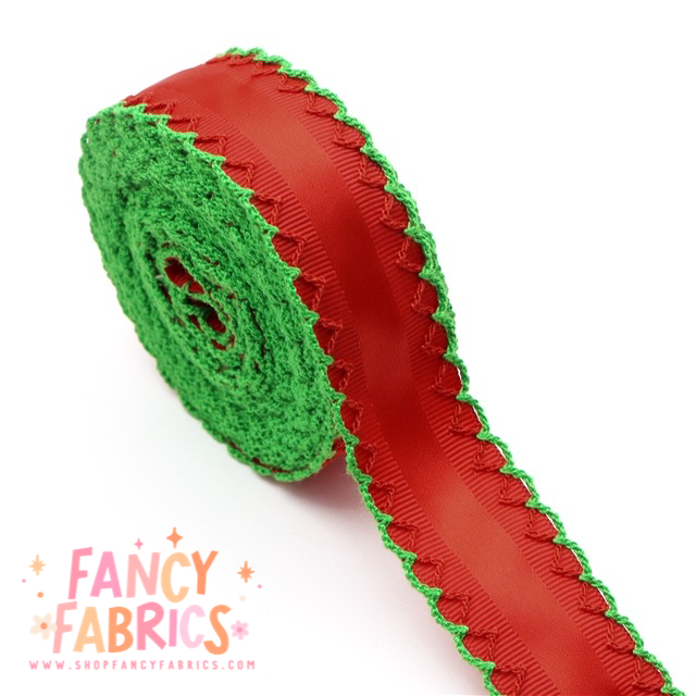Red (Green Trim) | 1" Single Sided | Satin Grosgrain Ribbon | Ready To Ship